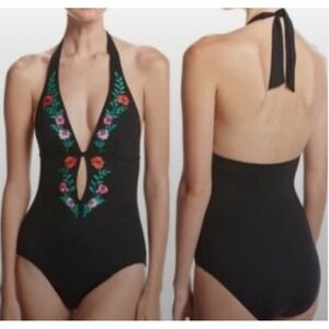 Kate Spade New York Black Floral Embroidered Halter One Piece Swimsuit Size L